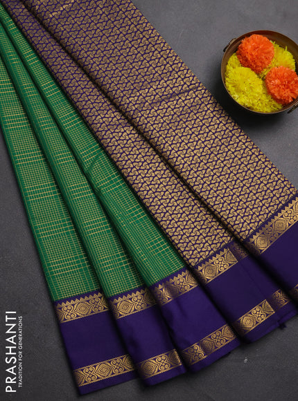 Semi kanchipuram silk saree green and navy blue with allover small zari checked pattern and rettapet zari woven border
