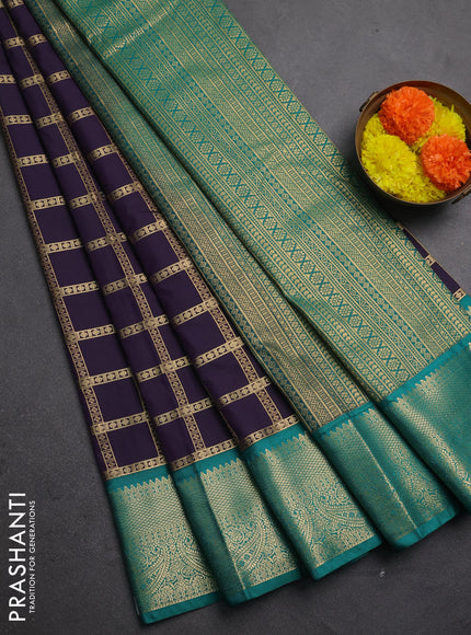 Semi kanchipuram silk saree deep purple and teal green with allover zari checked pattern and zari woven korvai border