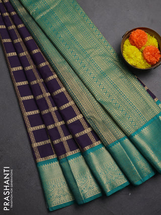 Semi kanchipuram silk saree deep purple and teal green with allover zari checked pattern and zari woven korvai border