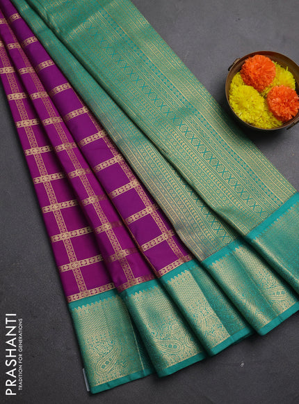 Semi kanchipuram silk saree magenta pink and teal green with allover zari checked pattern and zari woven korvai border
