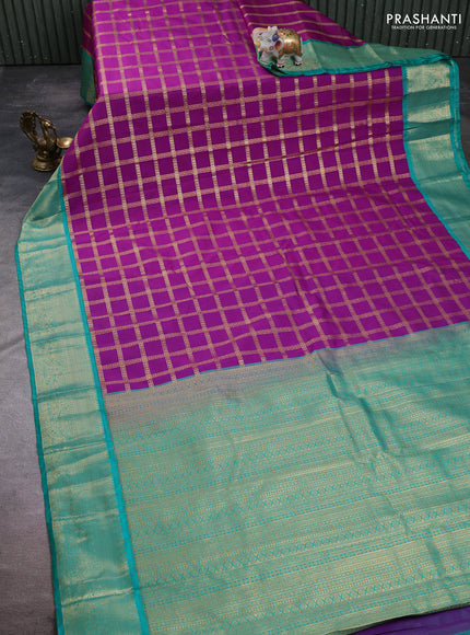 Semi kanchipuram silk saree magenta pink and teal green with allover zari checked pattern and zari woven korvai border