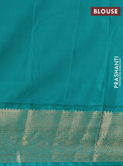 Semi kanchipuram silk saree magenta pink and teal green with allover zari checked pattern and zari woven korvai border