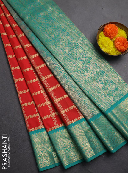 Semi kanchipuram silk saree red and teal green with allover zari checked pattern and zari woven korvai border