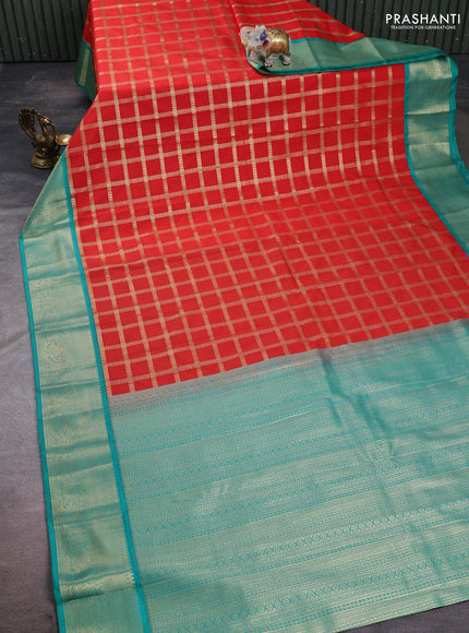 Semi kanchipuram silk saree red and teal green with allover zari checked pattern and zari woven korvai border