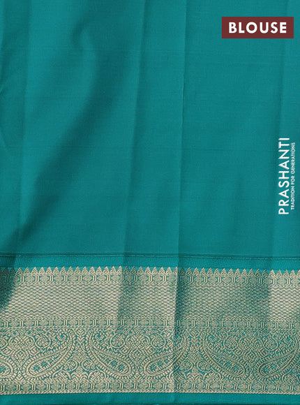 Semi kanchipuram silk saree red and teal green with allover zari checked pattern and zari woven korvai border