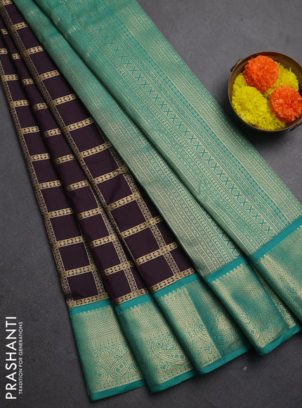 Semi kanchipuram silk saree deep wine and teal green with allover zari checked pattern and zari woven korvai border
