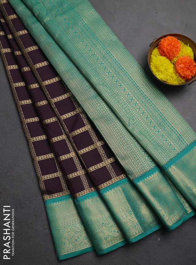 Semi kanchipuram silk saree deep wine and teal green with allover zari checked pattern and zari woven korvai border
