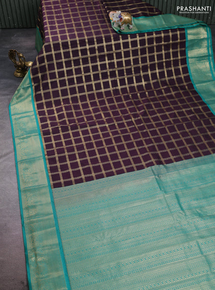 Semi kanchipuram silk saree deep wine and teal green with allover zari checked pattern and zari woven korvai border