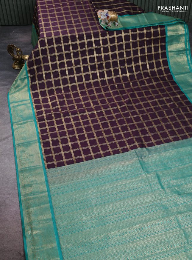 Semi kanchipuram silk saree deep wine and teal green with allover zari checked pattern and zari woven korvai border
