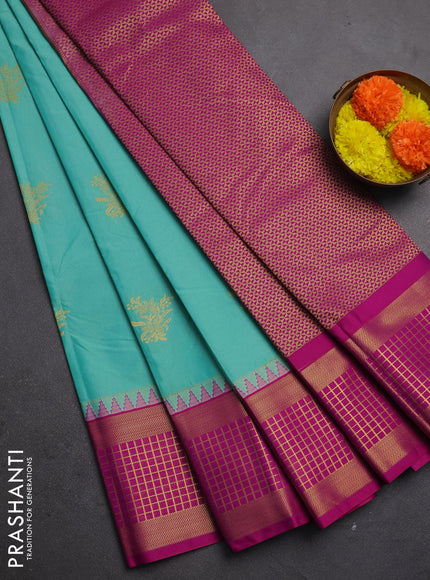 Semi kanchipuram silk saree teal blue and pink with zari woven buttas and zari woven border