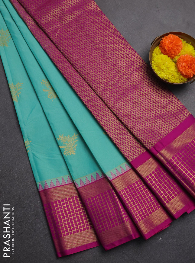 Semi kanchipuram silk saree teal blue and pink with zari woven buttas and zari woven border