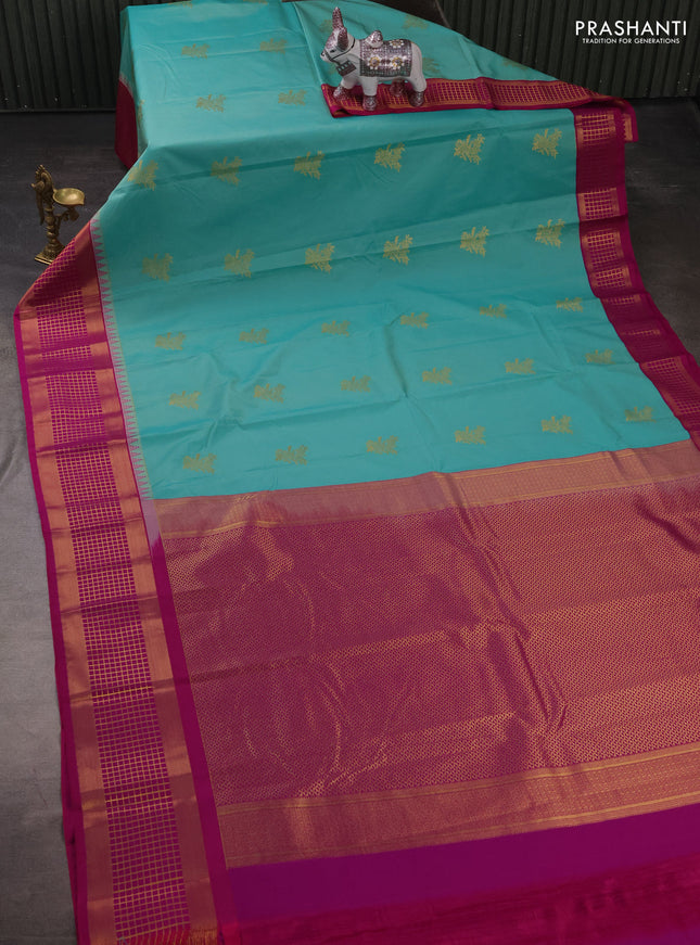 Semi kanchipuram silk saree teal blue and pink with zari woven buttas and zari woven border