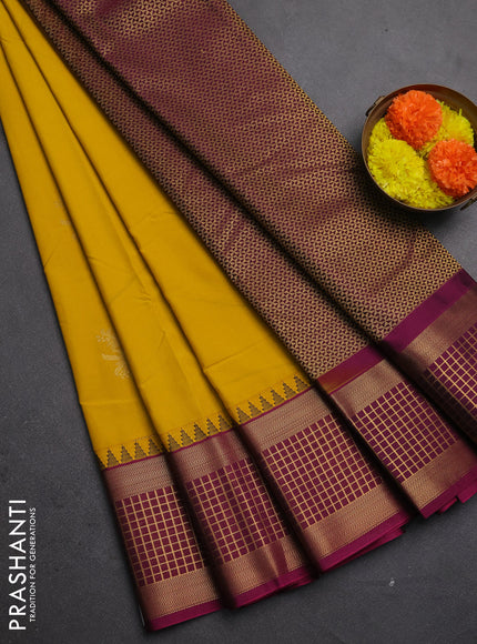 Semi kanchipuram silk saree mustard yellow and magenta pink with zari woven buttas and zari woven border