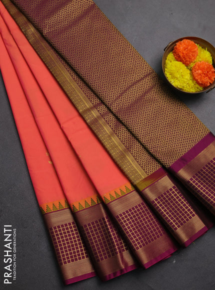 Semi kanchipuram silk saree peach pink and magenta pink with zari woven buttas and temple design zari woven border