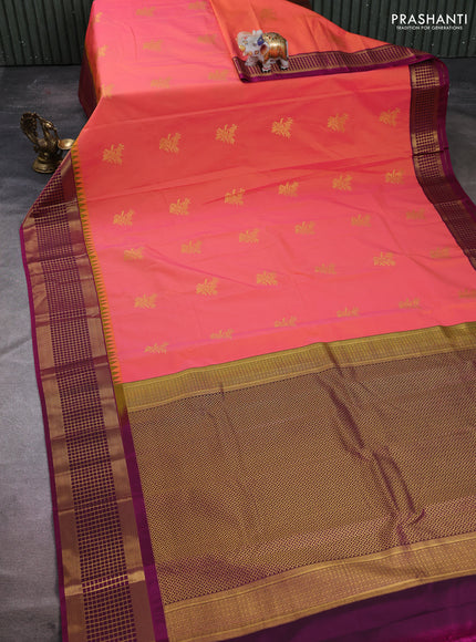 Semi kanchipuram silk saree peach pink and magenta pink with zari woven buttas and temple design zari woven border
