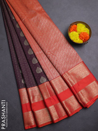 Semi kanchipuram silk saree coffee brown and orange with allover zari weaves & buttas and long rettapet zari woven border
