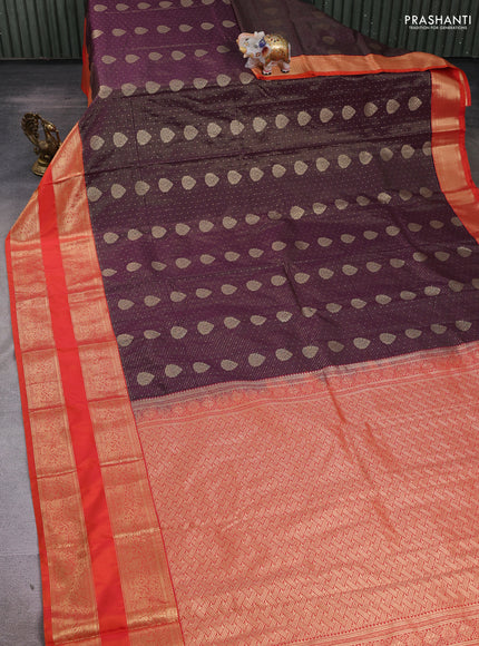 Semi kanchipuram silk saree coffee brown and orange with allover zari weaves & buttas and long rettapet zari woven border