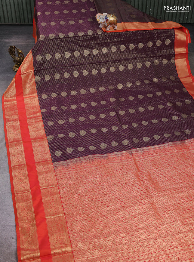 Semi kanchipuram silk saree coffee brown and orange with allover zari weaves & buttas and long rettapet zari woven border