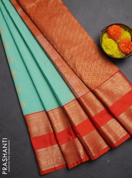Semi kanchipuram silk saree teal green and orange with allover zari weaves & buttas and long rettapet zari woven border