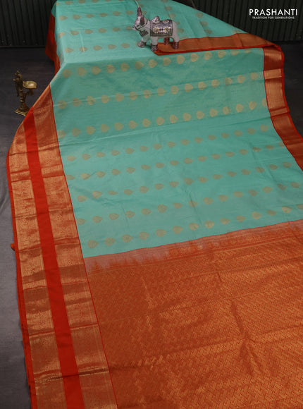 Semi kanchipuram silk saree teal green and orange with allover zari weaves & buttas and long rettapet zari woven border