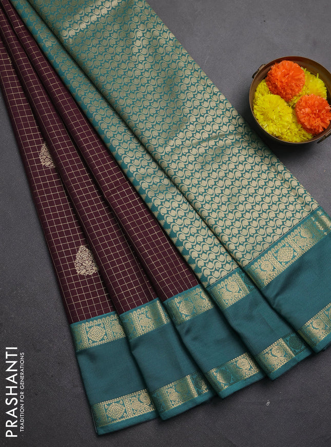 Semi kanchipuram silk saree coffee brown and teal green with allover zari checks & buttas and rettapet zari woven korvai border