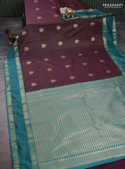 Semi kanchipuram silk saree coffee brown and teal green with allover zari checks & buttas and rettapet zari woven korvai border
