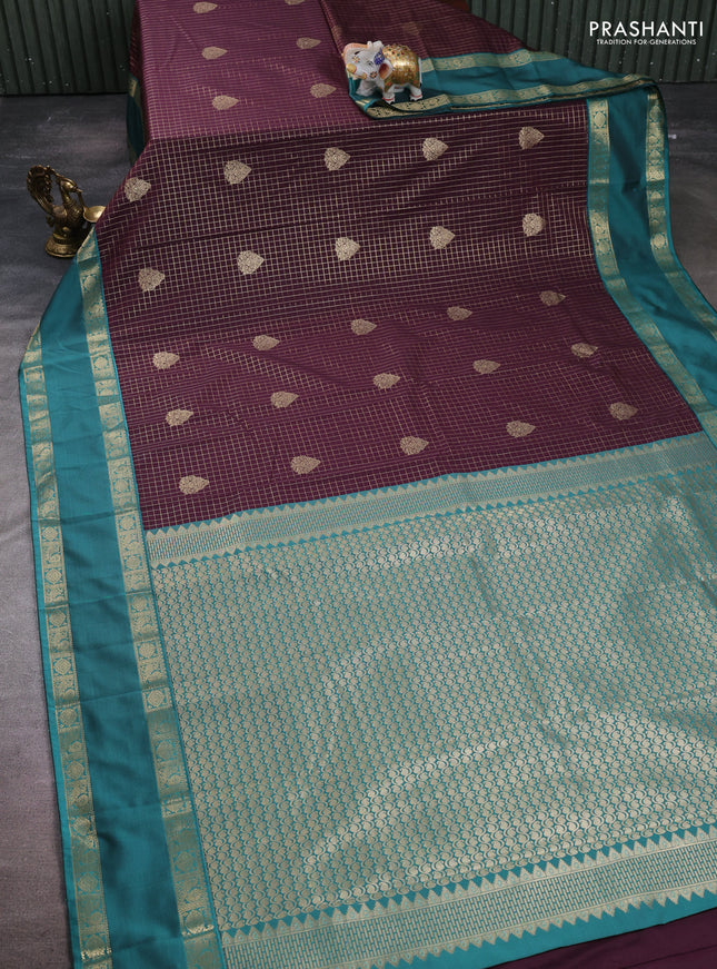 Semi kanchipuram silk saree coffee brown and teal green with allover zari checks & buttas and rettapet zari woven korvai border