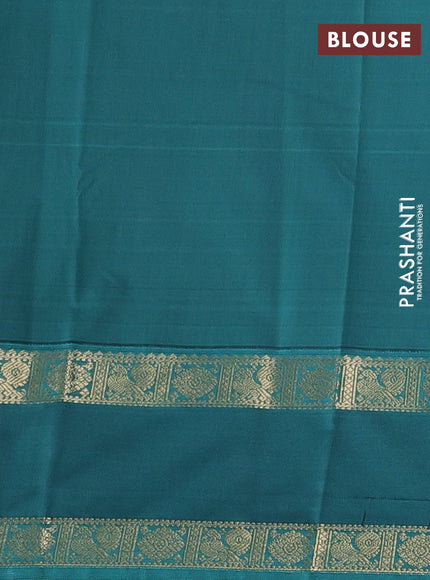 Semi kanchipuram silk saree coffee brown and teal green with allover zari checks & buttas and rettapet zari woven korvai border