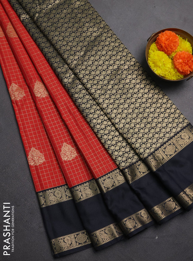 Semi kanchipuram silk saree red shade and dark navy blue with allvoer zari checks & buttas and rettapet zari woven korvai border
