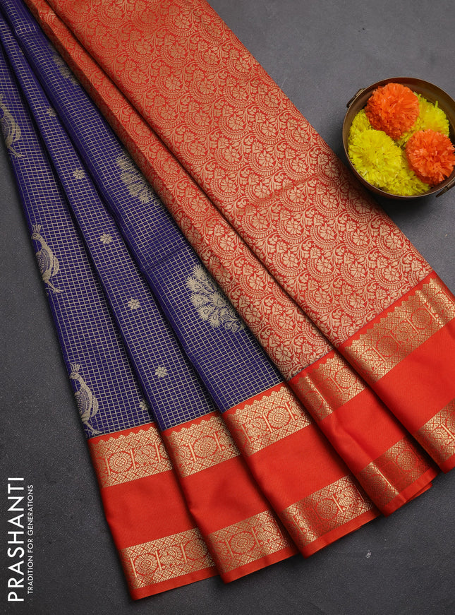 Semi kanchipuram silk saree navy blue and orange with allover zari checks & buttas and rettapet zari woven korvai border