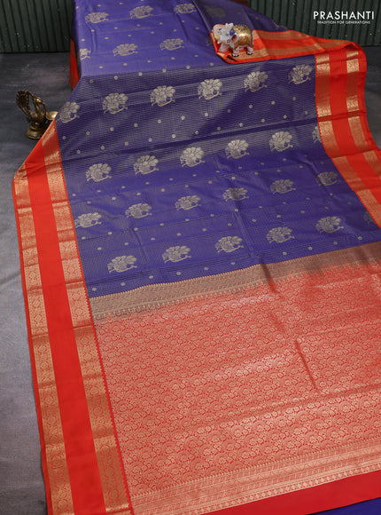 Semi kanchipuram silk saree navy blue and orange with allover zari checks & buttas and rettapet zari woven korvai border