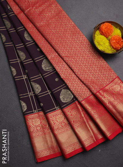 Semi kanchipuram silk saree deep wine and red with allover zari checks & buttas and zari woven korvai border