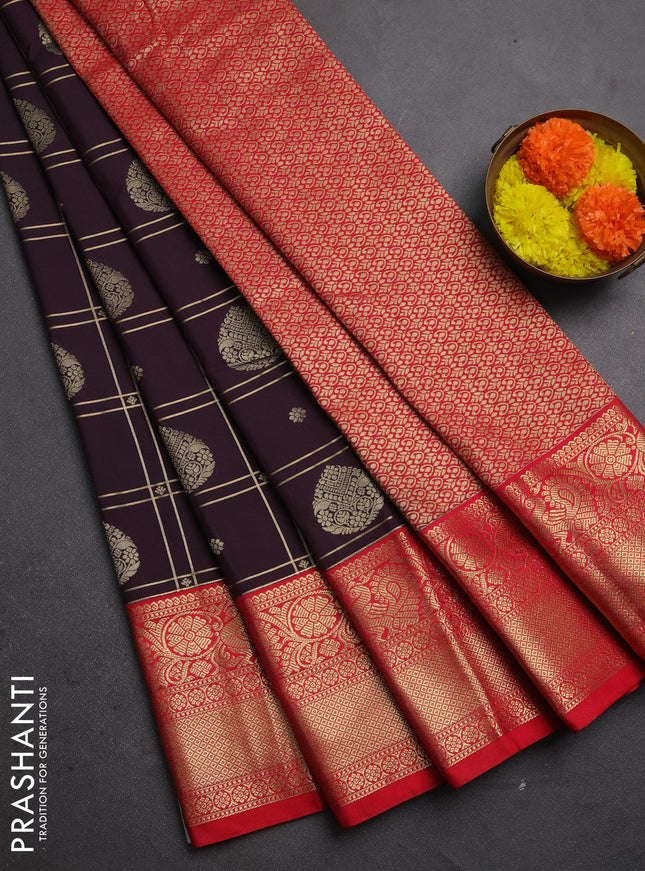 Semi kanchipuram silk saree deep wine and red with allover zari checks & buttas and zari woven korvai border
