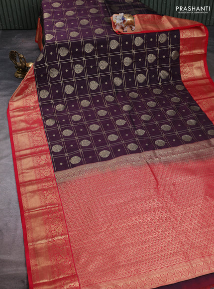 Semi kanchipuram silk saree deep wine and red with allover zari checks & buttas and zari woven korvai border