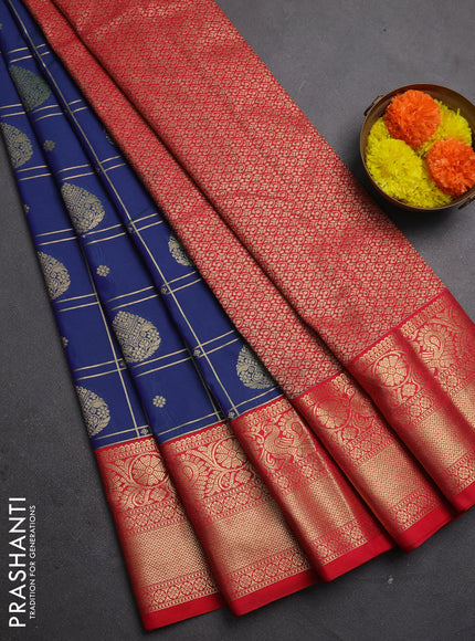 Semi kanchipuram silk saree dual shade of bluish green and tomato pink with allover zari checks & buttas and zari woven korvai border