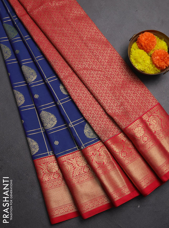 Semi kanchipuram silk saree dual shade of bluish green and tomato pink with allover zari checks & buttas and zari woven korvai border