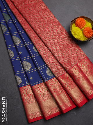 Semi kanchipuram silk saree dual shade of bluish green and tomato pink with allover zari checks & buttas and zari woven korvai border