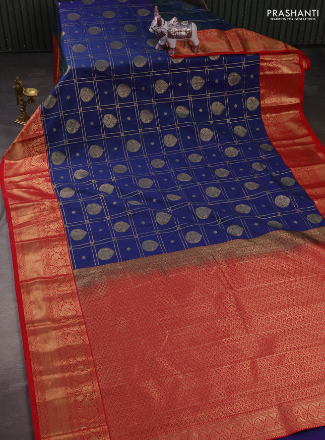 Semi kanchipuram silk saree dual shade of bluish green and tomato pink with allover zari checks & buttas and zari woven korvai border