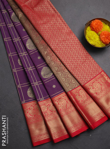 Semi kanchipuram silk saree purple and tomato pink with allover zari checks & buttas and zari woven korvai border