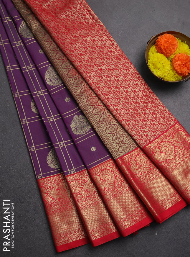 Semi kanchipuram silk saree purple and tomato pink with allover zari checks & buttas and zari woven korvai border