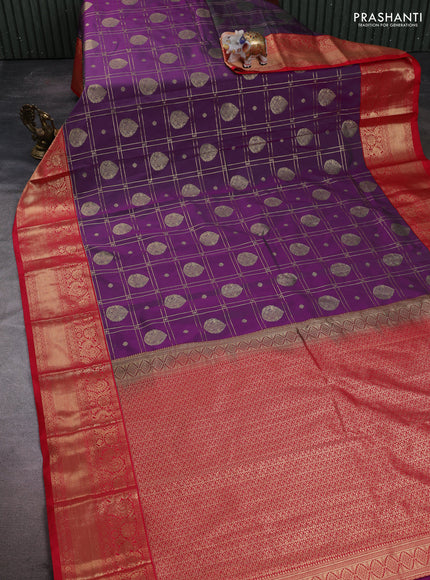 Semi kanchipuram silk saree purple and tomato pink with allover zari checks & buttas and zari woven korvai border