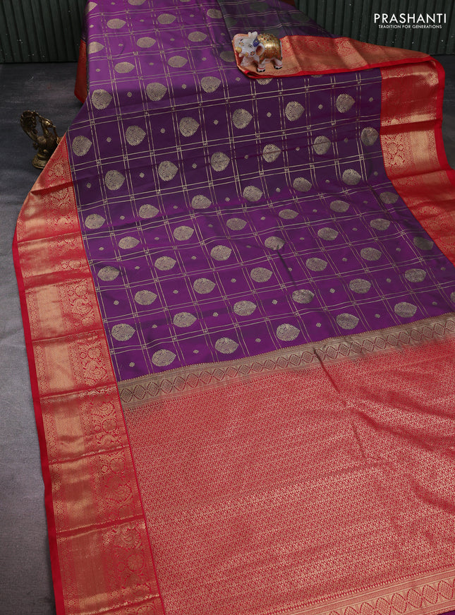 Semi kanchipuram silk saree purple and tomato pink with allover zari checks & buttas and zari woven korvai border