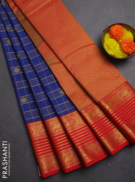 Semi kanchipuram silk saree blue and red with allover zari checks & buttas and long zari woven korvai border