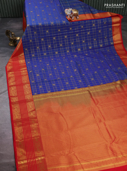 Semi kanchipuram silk saree blue and red with allover zari checks & buttas and long zari woven korvai border