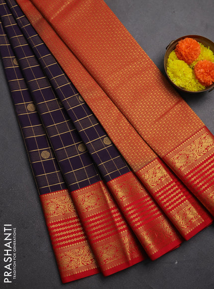 Semi kanchipuram silk saree deep purple and red with allover zari checks & buttas and long zari woven korvai border