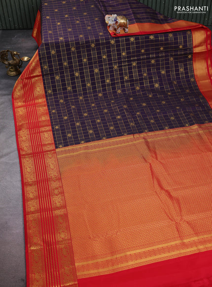 Semi kanchipuram silk saree deep purple and red with allover zari checks & buttas and long zari woven korvai border