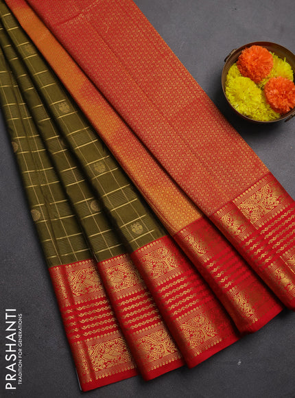 Semi kanchipuram silk saree mehendi green and red with allover zari checks & buttas and long zari woven korvai border