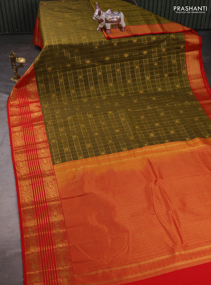 Semi kanchipuram silk saree mehendi green and red with allover zari checks & buttas and long zari woven korvai border