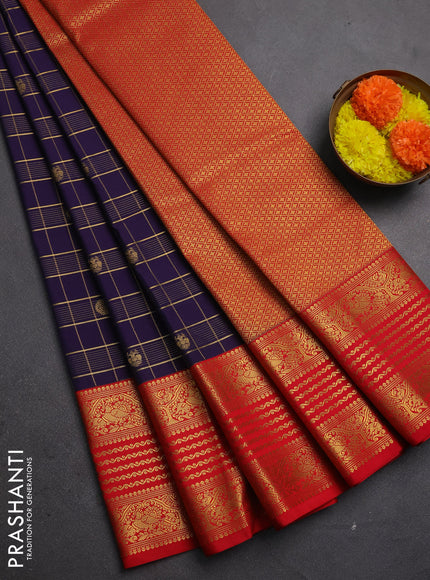 Semi kanchipuram silk saree deep purple and red with allover zari checks & buttas and long zari woven korvai border