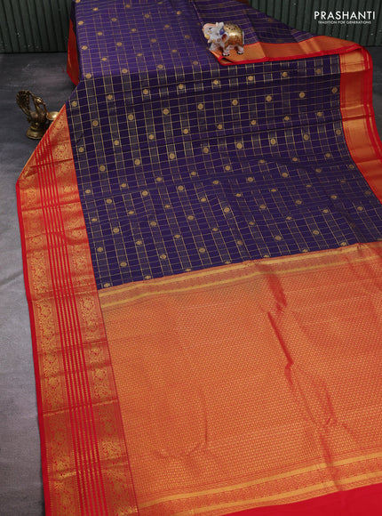 Semi kanchipuram silk saree deep purple and red with allover zari checks & buttas and long zari woven korvai border